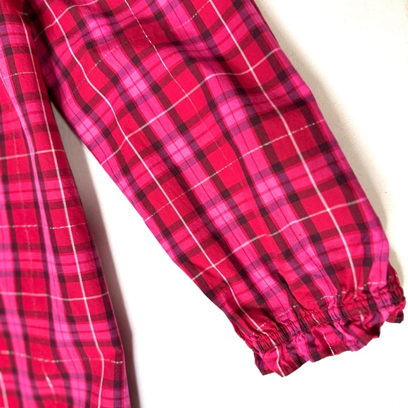 Talbots Velvet Trim Ruffle Popover Blouse in Moonlight Plaid Red and Pink Size L - Picture 4 of 8